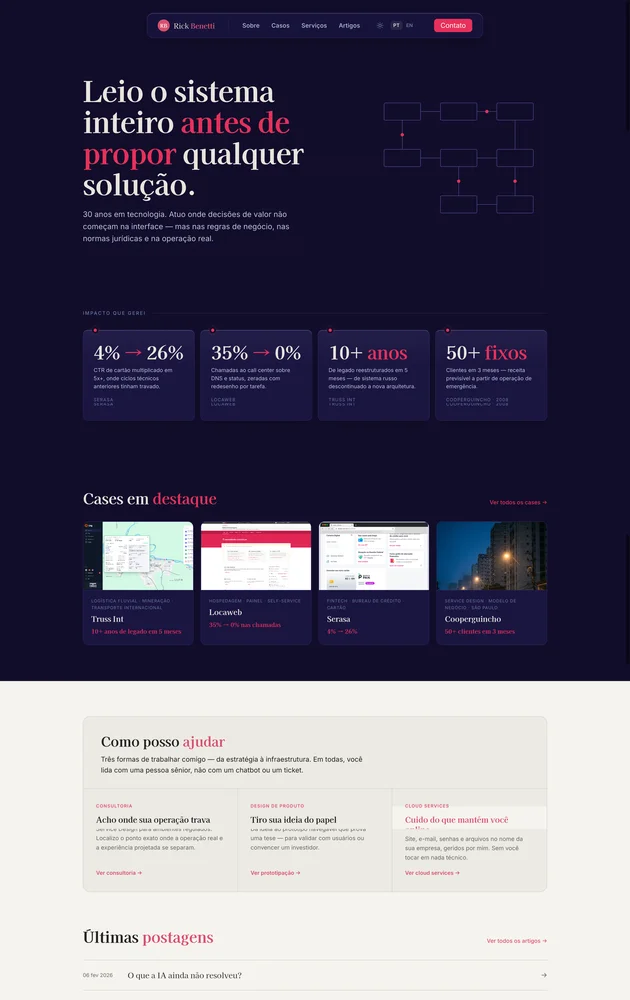 Homepage anterior — v1 bilíngue com alternância de tema