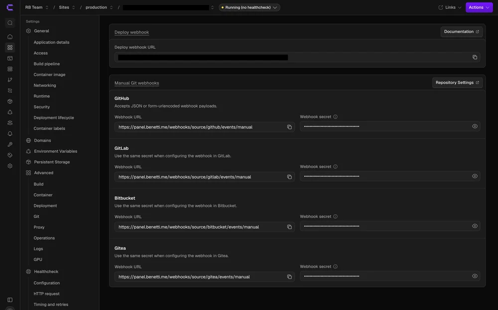 Webhooks no Coolify — deploy webhook e webhooks manuais de GitHub/GitLab/Bitbucket/Gitea